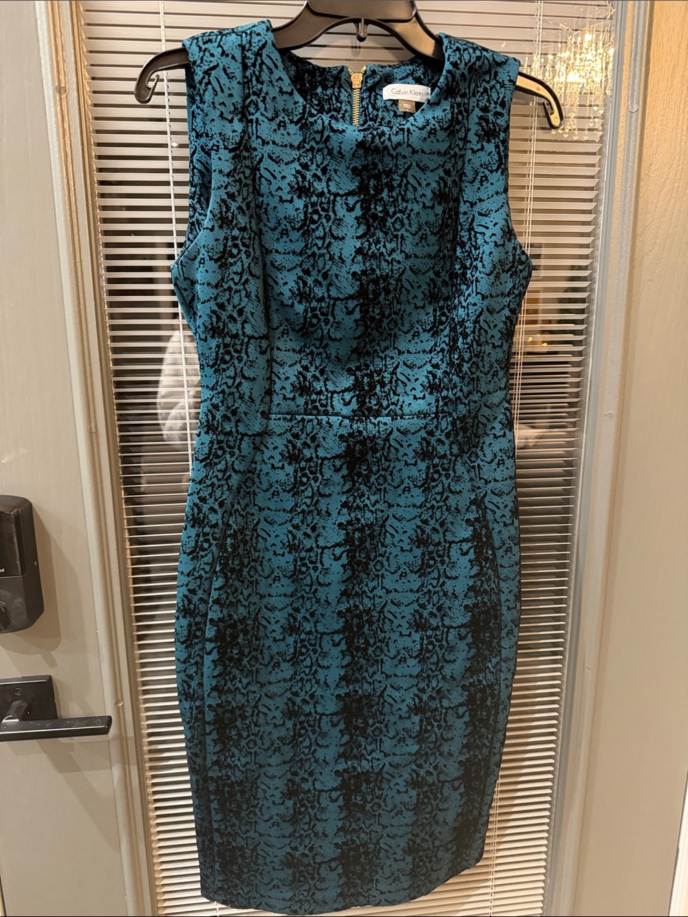 Calvin Klein Teal and Black Textured Sheath Dress
